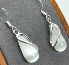 Earrings Silver Tone Translucent White Glass Pear Shape W wound Wire  Drop 1 5 