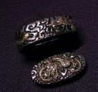 Japanese Antique Fuchi Kashira Dragon Waves Shakudo Gold High Relief Edo