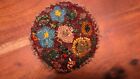 Unique Vintage Velvet Pin Cushion With Glass Beaded Floral Design 