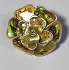 Vtg Mcm Mexican Alpaca Silver Abalone Shell Flower Brooch Pin Blue Rhinestone 3d