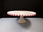 Fenton Milk Glass Pink Apple Blossom Crest Footed Cake Stand 13 1 8  Wide