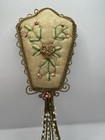 Vintage Vanity Mirror Hand Held Victorian Gold Tone Tan Fabric Faux Pearls