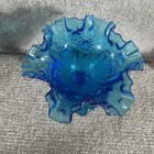 Vtg Fenton Mcm Blue Rose Floral Lacy Ruffled Art Glass Compote Cottage Core