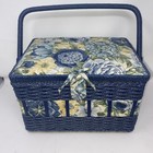 Wicker Sewing Basket  notions Keepsake Kit Vintage Granny Chic Floral Blue Large