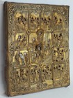 Antique 19thc Russian Icon 12 Feasts Resurrection Hand Painted Gilt Bronze Oklad