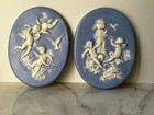 Vintage Blue   White 3d Cherub Wall Plaques Oval Set Of 2   