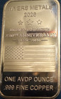 250th Anniversary Eagle Flag 1 Oz  999 Fine Copper Bullion Bar Myers Metals