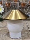 Vintage Mcm Replacement Hurricane Lamp Glass And Spun Brass Shades Pair Set