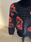 Vntg  Adrienne Vittadini Black Polka Dot W red Poppies   Shldr Pads Sweater Sz L