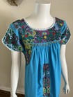 1970s Turquoise Cotton Oaxacan Mexican Huipil Dress Embroidered Floral Maxi Vtg