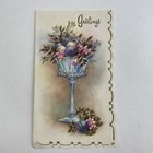Vintage Mid Century Christmas Greeting Card Pink Purple Ornament Crystal Glitter