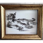 Vintage Framed Cougar Cub Charcoal Sketch Ornate Gold Silver Wood Frame 9 5x8 5 