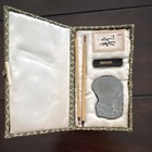Antique Chinese Calligraphy Set W Brush  Ink Stick   Inkstone In Patterned Case
