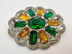 Vintage 1930s Art Deco Pot Metal Brooch Green Yellow Glass Stones Retro Glam Pin