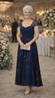 Navy Blue Sequin Mother Of The Bride Dress Lace Cap Sleeve Wedding Evening Gown