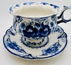 Vintage Gzhel Russia Footed Cup Mug   Saucer Set Hand Painted Blue Flower Teacup
