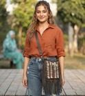 Handmade Leather Fringe Crossbody Bag With Native American Inspired Bone Beaded