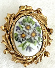 Vintage 90s Floral Porcelain Brooch Fall Flowers Gold Tone Pin Artist Signed