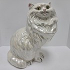 Vintage 1982 Large 14  Ceramic Iridescent Gray White Persian Cat Statue Figurine