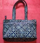 Vera Bradley Medium Pleated Blue  Tote Purse Bag Retired Print Navy Blue Pattern