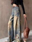 Women s Retro Denim Blue Jeans Floral Printed Loose Fit Casual Pants Trousers 