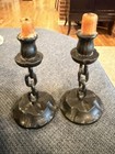 Vtg Lobeco Spanish Brutalist Chain Candlesticks Hand Carved Wooden Base Set Of 2