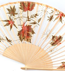 Vintage Japanese Hand Painted Fabric Leaves Bamboo Frame Folding Fan Silk Case