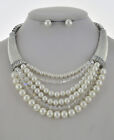 Statement Six Layers Clear Glass Bead And Faux Pearl Necklace   Earring Set