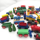 Wooden Train Set Lot 35  Pieces Trains Cars Figures Signs Brio Compatible