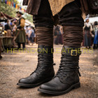 Black Medieval Renaissance Boots Men Mid Calf Leather Viking Larp Pirate Boots