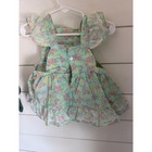 Vintage Baby Girl Floral Pinafore Dress Lace Trim Ruffle Hem Aqua Pink Yellow