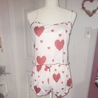 Women   s 2pc Ribbed Cami   Shorts Set White red Heart Print Ruffle One Size