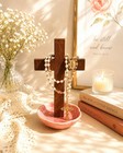 Walnut Cross And Pink Ceramic Jewelry Dish And Rosary Holder