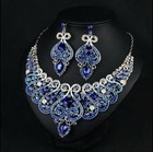 Blue Crystal Flower Necklace Earrings Set Wedding Party Statement Jewelry 2pcs