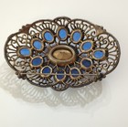Vintage Blue Glass Rhinestone Filigree Oval Brooch Pin  Prong Setting