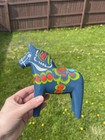 Nils Olsson Blue Dala Wood Swedish Horse 7    Inch Carved Hand Painted Vintage