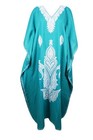Womens Maxi Turquoise Kaftan Dress White Paisley Embroidery Resortwear One Size