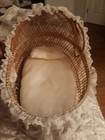 Lace-covered Wicker Moses Basket For Dolls With Peach Accent Ribbon