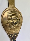 Vintage Fireplace Bellow Sailing Ship Brass Wood Leather Studded Nautical Decor