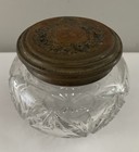 Antique Cut Glass Powder Trinket Dresser Vanity Jar Embossed Metal Lid