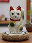 Vintage Maneki Neko Lucky Cat Clay Figurine  4    Tall  Hand-painted In Japan