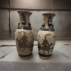 Antique Japanese Satsuma Vase Pair C1900 Meiji Warrior Battle Scenes Dragon