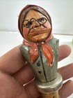 Anri Drink Pourer Bottle Stopper Carved Wooden Bar Cork Italian Women Vintage