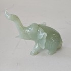 Green Stone Elephant Figurine Carved Trunk Up With Wood Stand Small Collectible