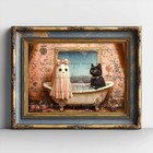 Cute Ghost And Cat Bathtub Art Print  Halloween Decor  Witchy Poster  D874