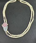 Vintage Lee Sands Abalone Mother Of Pearl Inlay Rose Quartz Necklace 27    Long I2