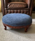 Walnut Carved Cabriole Leg Large Footstool  Blue Chenille Upholstery