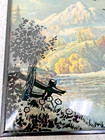 Vintage Reverse Paint Silhouette Convex Glass Mountain Stream Litho Wall Hanging