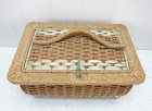 Vintage Sewing Basket Made In Japan Wicker With Blue Satin Interior 12x8x6