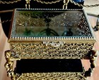 Vintage Ormolu Gold Gilt Casket Jewelry Box Beveled Glass Filigree Cherub Footed